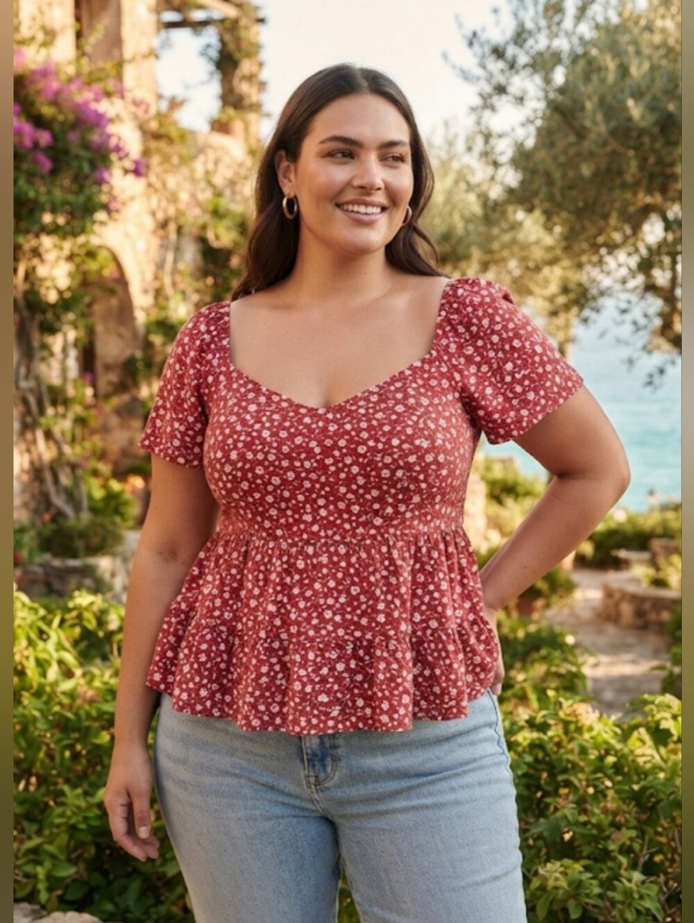 Torrid Red Floral Sweetheart Peplum Top Sz 1X (14/16)